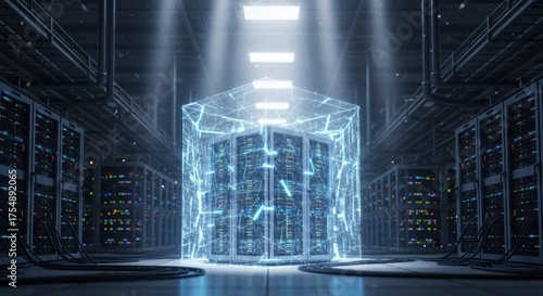 Glowing blue digital data cube encloses servers in a dark data center server room technology