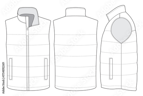 insulated vest template. sleeveless puffer jacket fashion design.