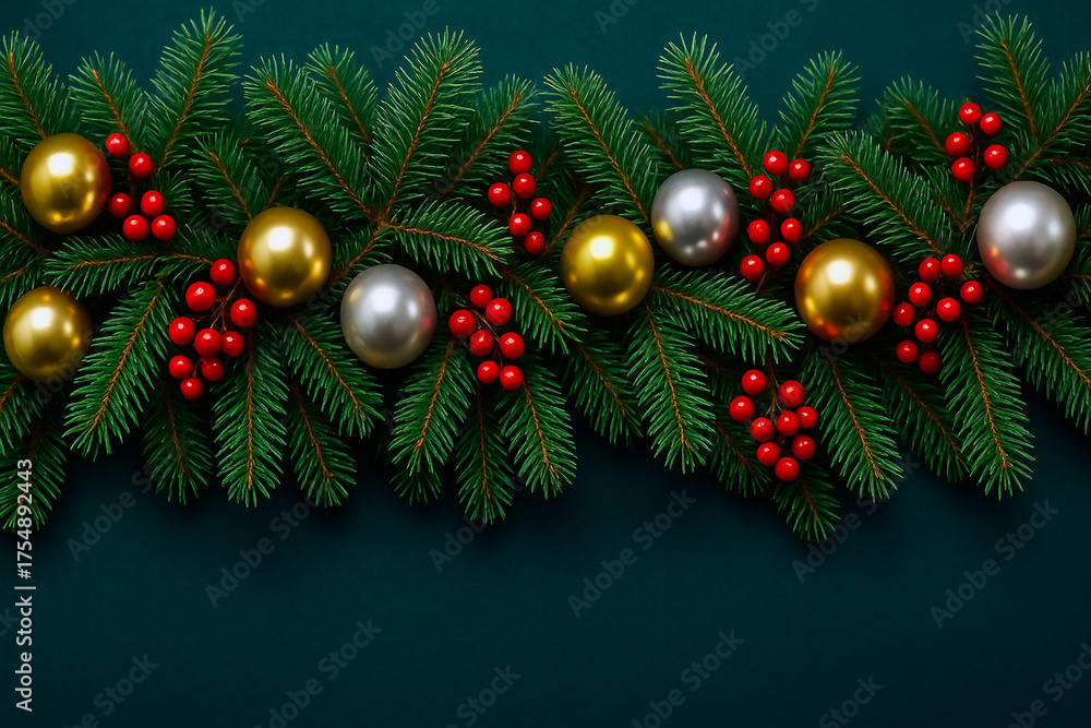 Fototapeta premium Christmas border with pine branches, gold and silver ornaments, and red berries on a dark green background. Festive holiday season