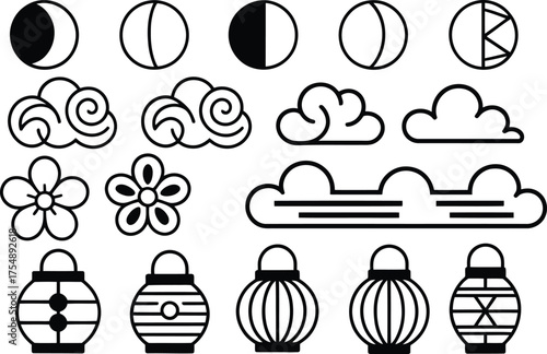 Elegant minimalist moon phases, clouds, flowers, and lanterns for modern design projects