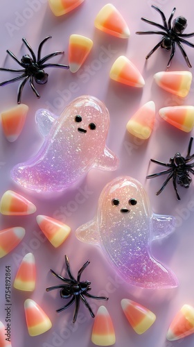Jelly decorations shaped like ghosts and spiders shine under soft light. Playful DIY creativity for Halloween.