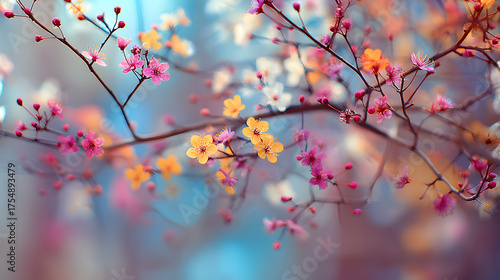 un diseño de flores naturales con ramas y flores pequeñas delicadas romanticas para cuadro decorativo o plantilla floral con el fondo desenfocado 