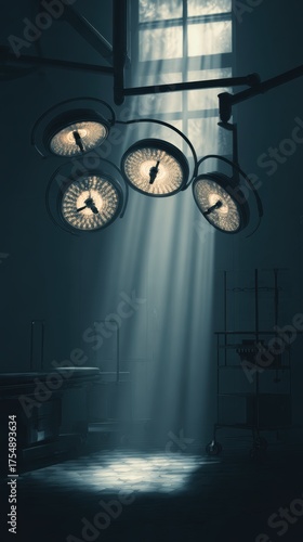 Dramatic Lighting in an Abandoned Operating Room with Vintage Surgical Lamps and Shadows