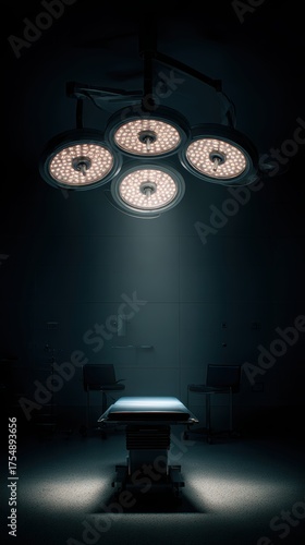Sterile Surgical Room with Overhead Lighting and Empty Operating Table in Dark Environment