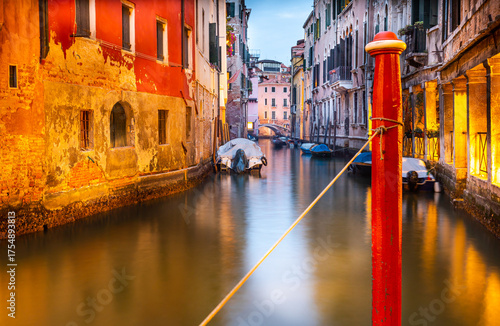 Historic Palaces and Narrow Canal in Venice at Evening, Italy