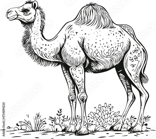 Desert Dweller: Detailed Dromedary Camel Engraving