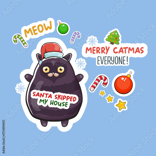 Merry Christmas greeting card or banner with Black cat with Santa hat , quotes, candy, balls, tree,stars ,snowflakes isolated on blue background. Christmas stickers concept illustration set
