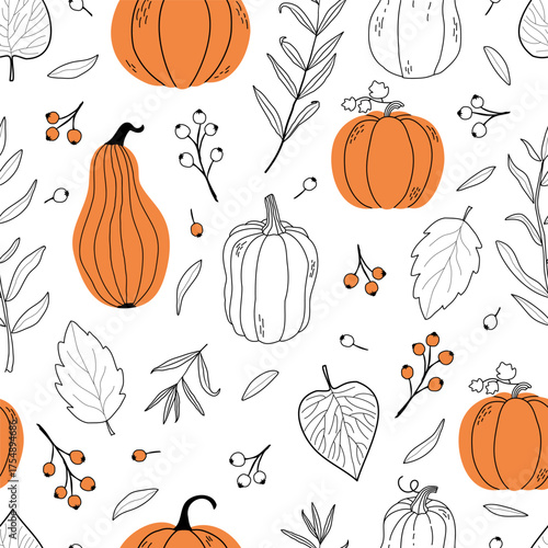 Seamless Pattern with Leaves and Pumpkins