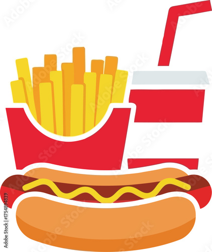 Classic hot dog fries drink combo fast food meal icon flat vector art vector