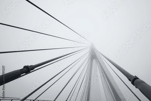Vertical Perspective of Suspension Bridge Cables in Foggy Atmosphere with Mysterious Vibe