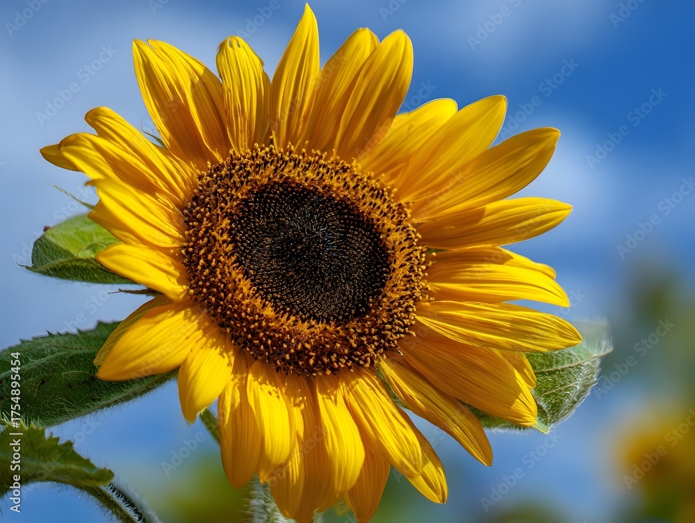 Naklejka premium A vibrant sunflower blooms brightly against a clear blue sky showcasing its detailed yellow petals and dark center