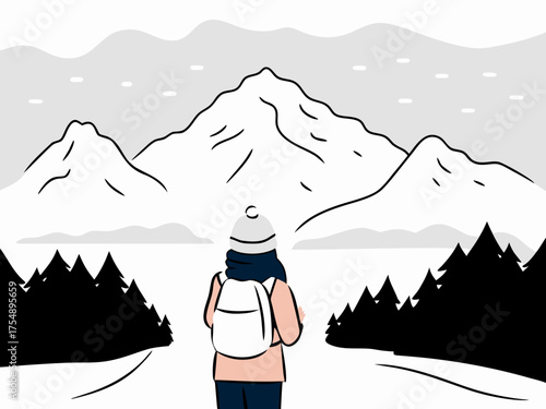 Solo Woman Hiker Admiring Snow-Capped Mountains in Winter