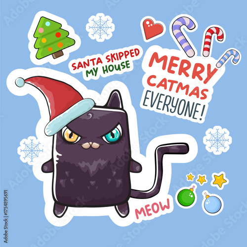 Merry Christmas greeting card or banner with Black cat with Santa hat , quotes, candy, balls, tree,stars ,snowflakes isolated on blue background. Christmas stickers concept illustration set