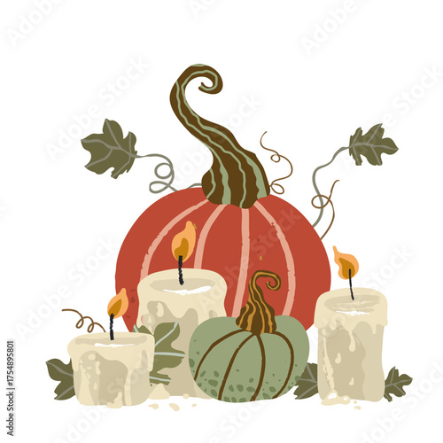 Composition of christmas burning candles and cute pumpkins. Vector illustration, good for thematic emblem, banner, calligraphy poster, greeting card, party invitation.