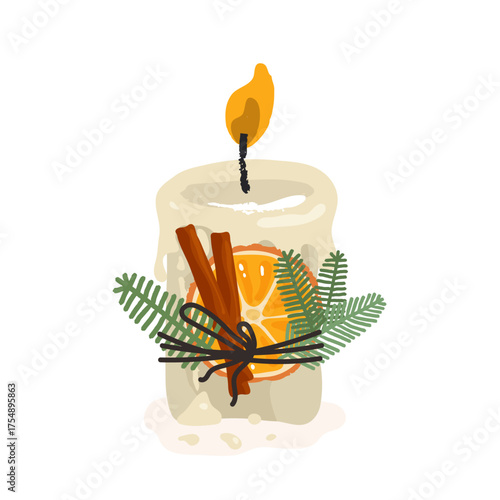 Composition of white burning aroma candle, cinnamon, fir, orange slices. Vector illustration, good for thematic emblem, banner, calligraphy poster, greeting card, party invitation.