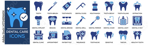 Dental Care icon collection set. Containing design Tooth, Tooth Brush, Toothpaste Tube, Dental Floss, Mouthwash Bottle