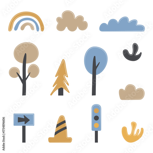 Illustrations with a set of modern landscape elements for the design of a children's map, for art posters on a white background.