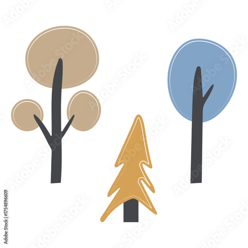 Illustrations of silhouettes of forest trees for decorating a children's room, for cute art posters on a white background.