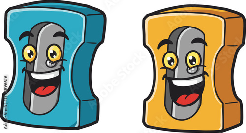 Cartoon pencil sharpeners, cute stationery characters, kids school supplies, colorful art tools, playful design, happy faces, educational illustration, isolated white background