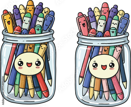 Colorful cartoon pens in glass jars, smiling stationery faces, playful desk decor for kids, fun school supplies, cheerful art tools