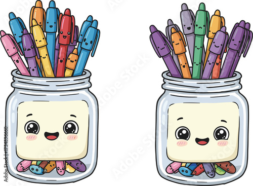 Cute cartoon pens in glass jars, colorful stationery with smiling faces, playful art supplies for kids, cheerful school desk decor