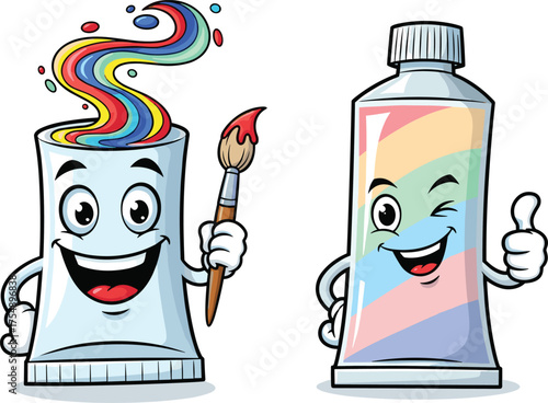 Cartoon paint tubes, smiling characters, rainbow colors, art supplies, kids illustration, creative design, playful stationery, pastel stripes, fun drawing, cheerful expression