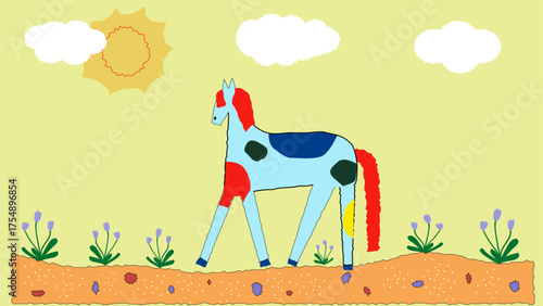 This charming hand drawn sketch depicts a horse in a whimsical childlike style The simple lines and playful naive look of the drawing convey the innocence and creativity of childhood