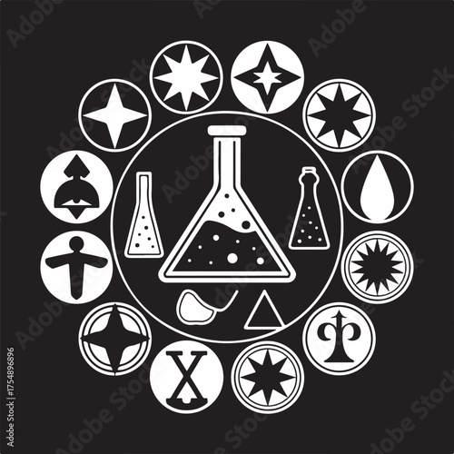 Mystical alchemy symbols circle with flasks and geometric shapes ancient magic art
