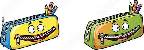 Cartoon pencil cases, smiling faces, colorful school supplies, kids stationery, zipper mouth, playful design, happy characters, fun learning tools, classroom decor