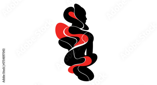 Abstract human figure entwined with a red snake.