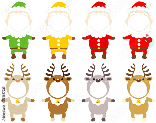 サンタとトナカイの顔だしパネルイラストセット。カラフルなひと揃いのクリスマス飾り。Christmas Face-in-Hole Frame. Santa & Reindeer Cutout Template. SVGデータ