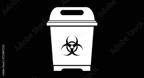 Biohazard waste bin with symbol on black background.
