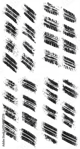 Set of black tire track prints on white background. Grungy and textured car wheel marks arranged in different patterns, ideal for design, automotive graphics, backgrounds, and creative illustration.