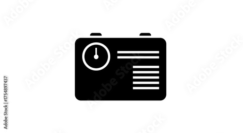 Black and White Radio Icon with Clock and Text.
