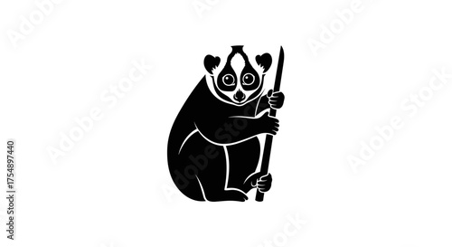 Black and White Silhouette of a Slow Loris Holding a Stick.