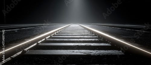 Mysterious Train Tracks Leading into Dark Foggy Horizon with Glowing Light Reflection