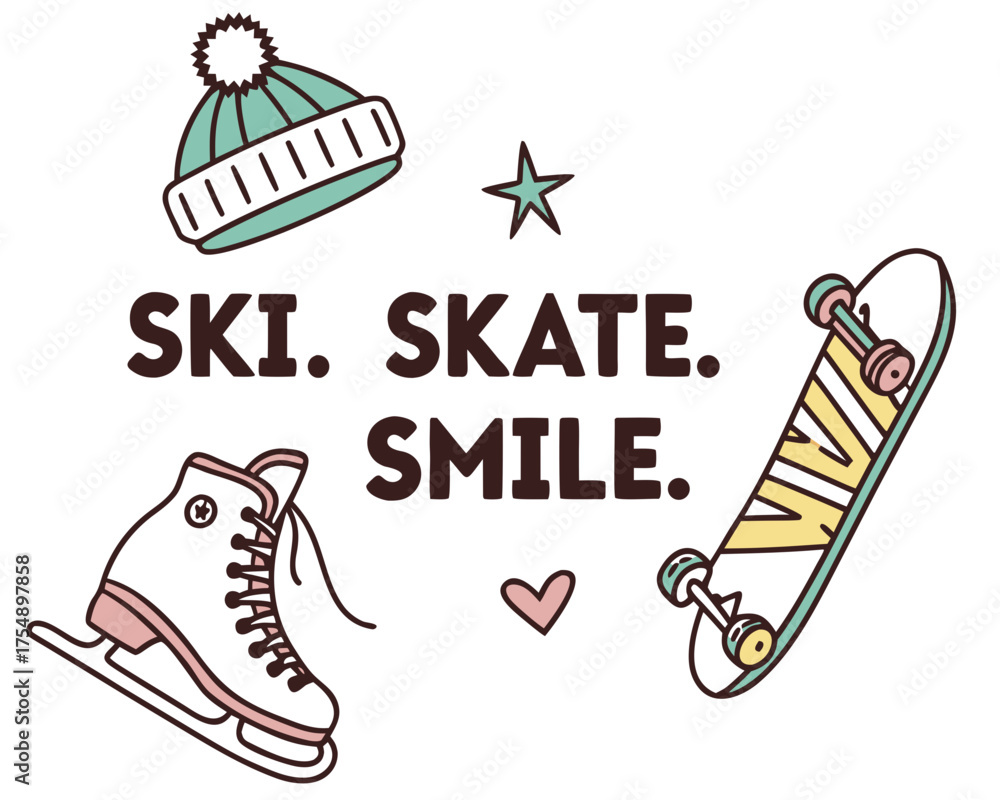 Obraz premium Ski Skate Smile Illustration with Winter Hat Skateboard Ice Skate and Star