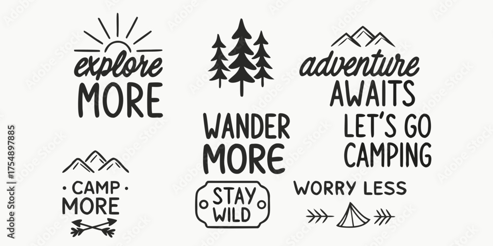Fototapeta premium Collection of hand drawn lettering and illustrations for outdoor adventure and camping themes