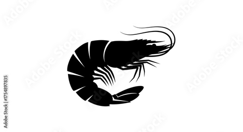 Black Shrimp Silhouette Isolated on White Background.