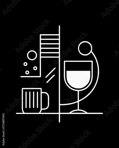 Minimalist Line Art | Black and White Modern Graphic | Coffee Cup and Wine Glass Illustration