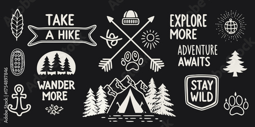 Collection of hand drawn outdoor adventure and camping icons with inspirational quotes on black background