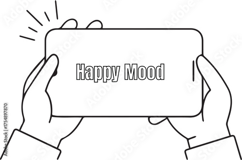Hands holding a tablet displaying the text happy mood in a simple line art drawing style