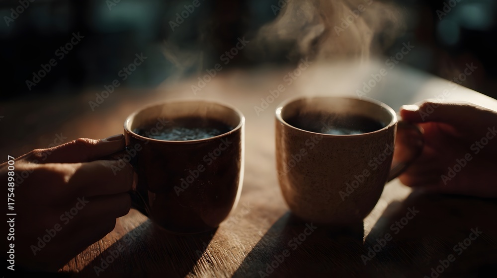 Fototapeta premium Two steaming mugs of coffee held by hands on a wooden table with warm light