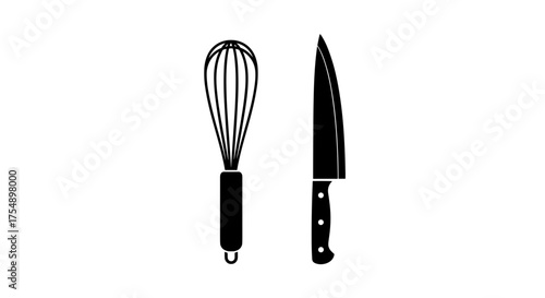 Black silhouette icons of a kitchen whisk and chef knife.