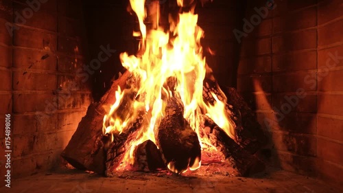 Fire burning in fireplace. Warm home in winter, Christmas holiday	