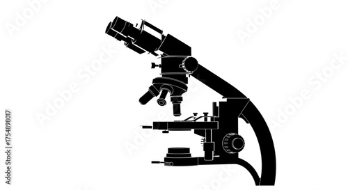 Black silhouette of a laboratory microscope on a white background.