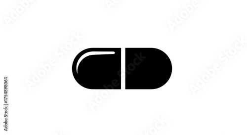 Black silhouette of a medical pill icon on white.