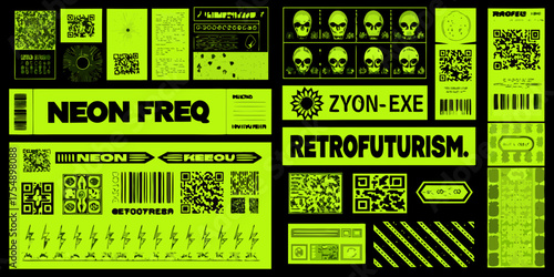 Retrofuturistic neon graphics collage featuring qr codes barcodes skulls and abstract designs