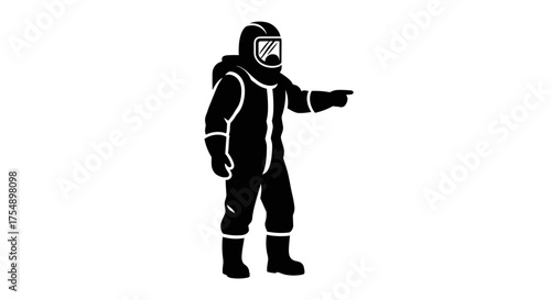 Black silhouette of a person in a full body protective hazmat suit.