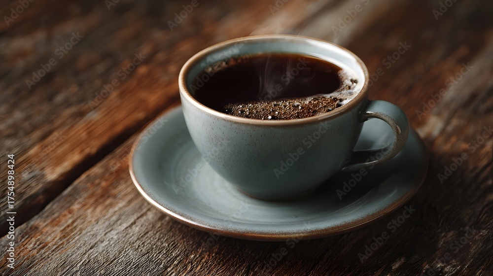 Fototapeta premium A steaming cup of hot coffee sits on a rustic wooden table